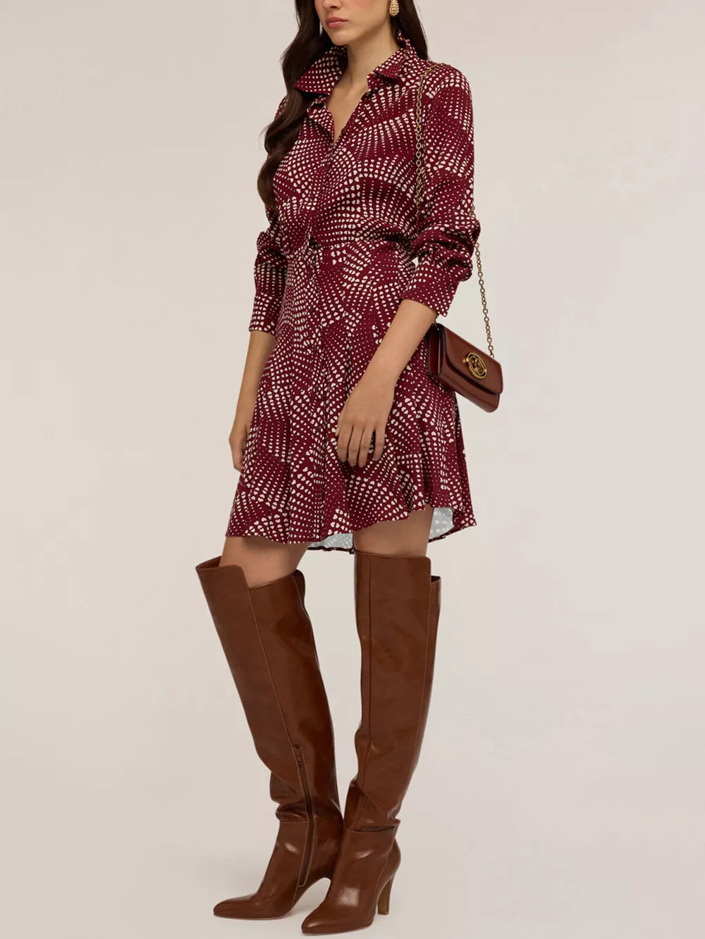 Red heart dot print mini shirt dress with button front and a-line silhouette.