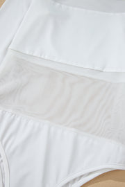 White bodysuit with a sheer mesh illusion panel detail across the torso.