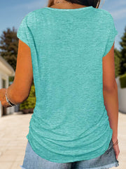 Turquoise cap-sleeve tee with ruched sides and a curved hem.