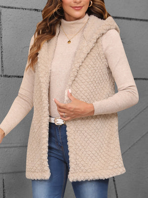 Textured sherpa hooded longline gilet in Dust Storm, open front with textured pattern.
