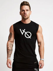 Black graphic muscle tank top with white logo, crew neck, sleeveless.