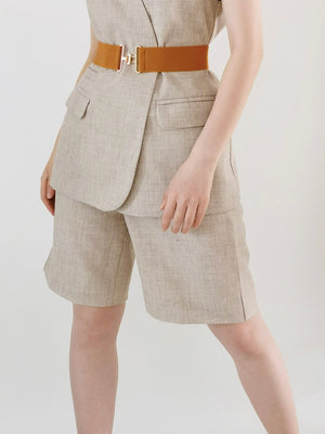 Caramel elastic waist belt with gold sculpted buckle detail