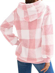 Pink and white plaid sherpa drawstring hoodie with a cozy texture.