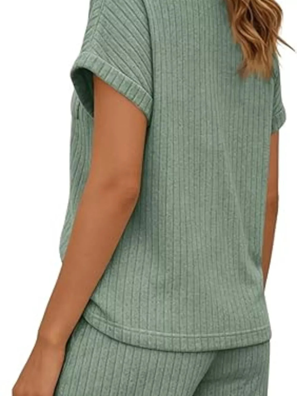 Army green ribbed knit loungewear set with short sleeves and drawstring shorts.