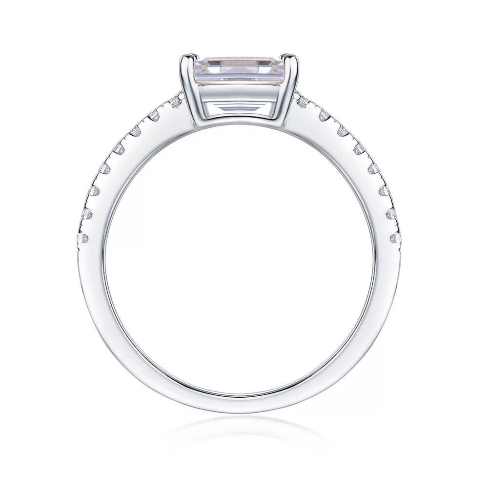 Elegant moissanite geometric silver ring with pavé band detail