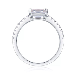Elegant moissanite geometric silver ring with pavé band detail