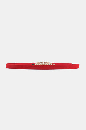 Red elasticated waist belt with gold linked knot detail