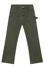 Army green wide leg carpenter pants with utility pockets and reinforced knees.