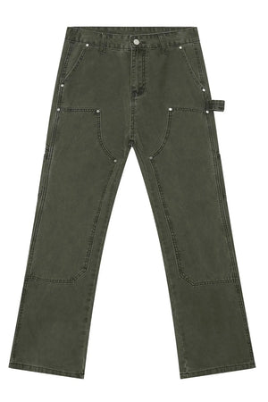 Army green wide leg carpenter pants with utility pockets and reinforced knees.