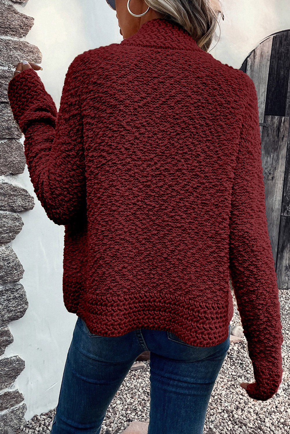 Burgundy bouclé open-front jacket with textured acrylic knit and long sleeves.