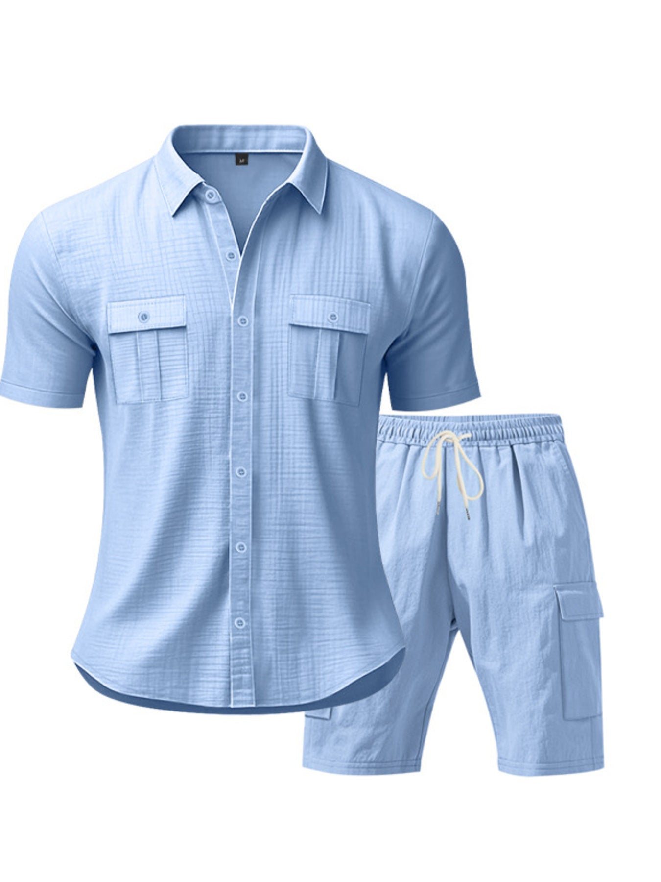 Light blue button-up shirt and drawstring shorts set with dual chest pockets.