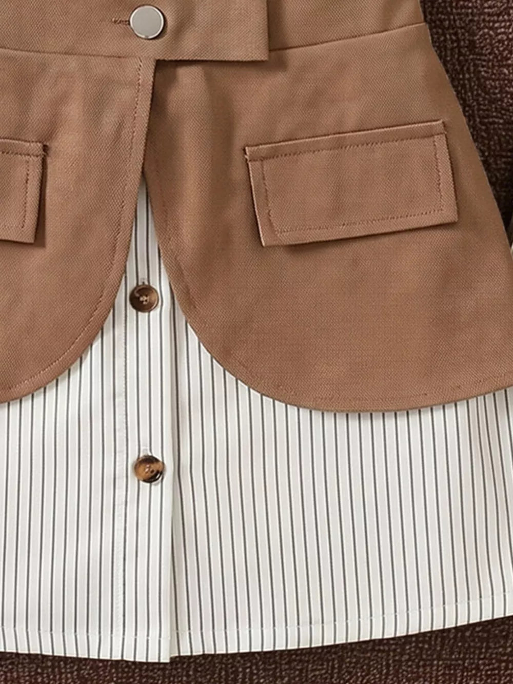 Children's Striped Shirt Dress With Belly Band in Khaki, side view
