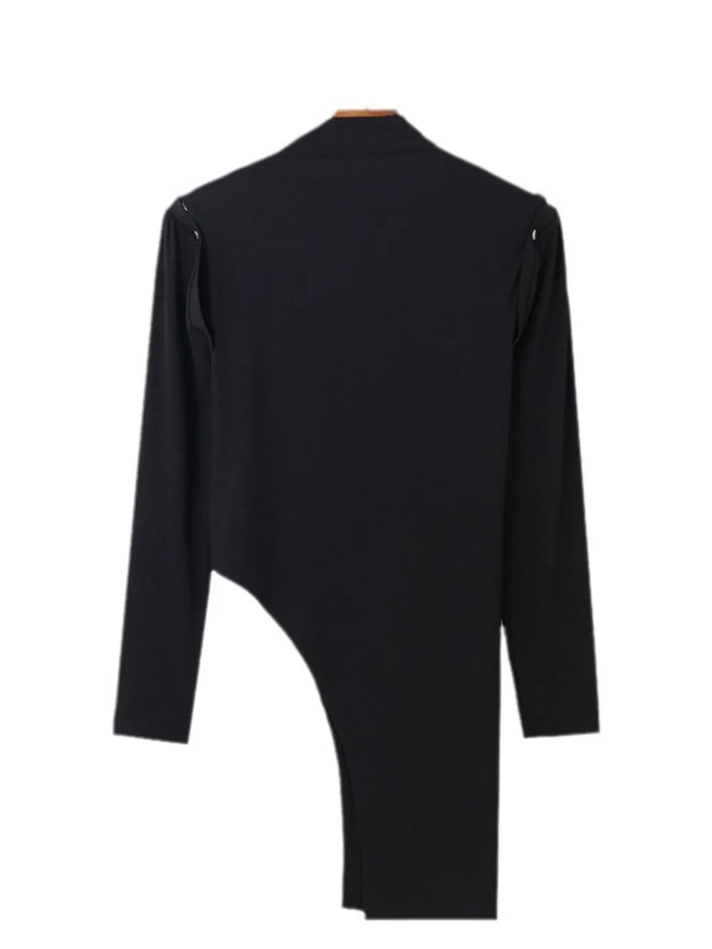 Black ribbed cutout top with detachable sleeves and asymmetrical hem.