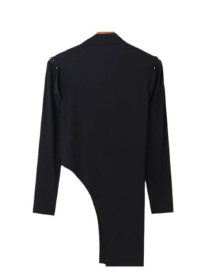 Black ribbed cutout top with detachable sleeves and asymmetrical hem.