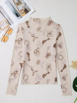 Sheer mesh mock neck shirt with allover western print, long sleeves, and lettuce hem.