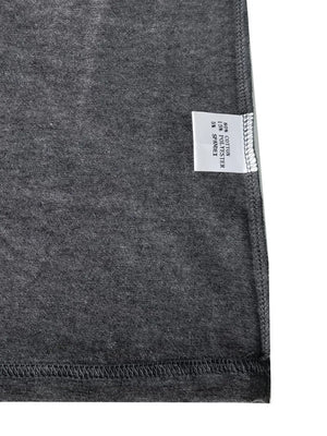 Dark Gray Henley-Neck Long Sleeve Tee with fabric content tag showing 80% Cotton, 15% Polyester, 5% Spandex.