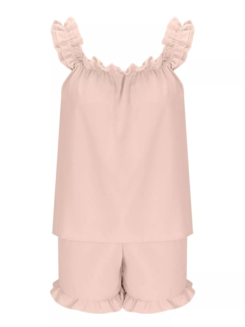 Pale blush ruffled pajama set with a cami and shorts.