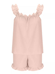Pale blush ruffled pajama set with a cami and shorts.