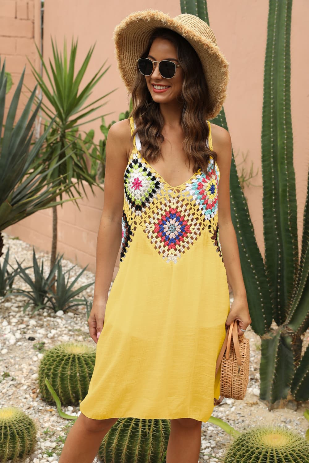 Yellow maxi dress with colorful crochet yoke and V-neckline.
