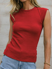 Red ribbed tank top with structured shoulders and crew neck