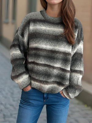 Ombre stripe fluffy knit crewneck jumper in dark gray with faux fur trim.