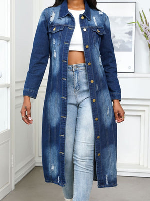 Distressed denim maxi jacket in medium wash with gold buttons and collared neckline.