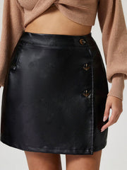 Black faux leather mini skirt with asymmetric button front detail