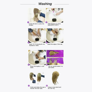 Washing instructions for a blonde lace front wig, showing steps from combing to air-drying.