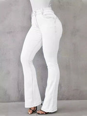 White high-waisted flare jeans with button closure and a cotton spandex blend.