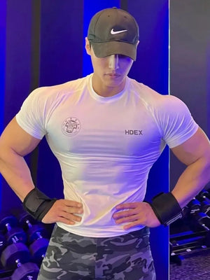 White crew neck athletic tee with HDEX logo, short sleeves, performance fit