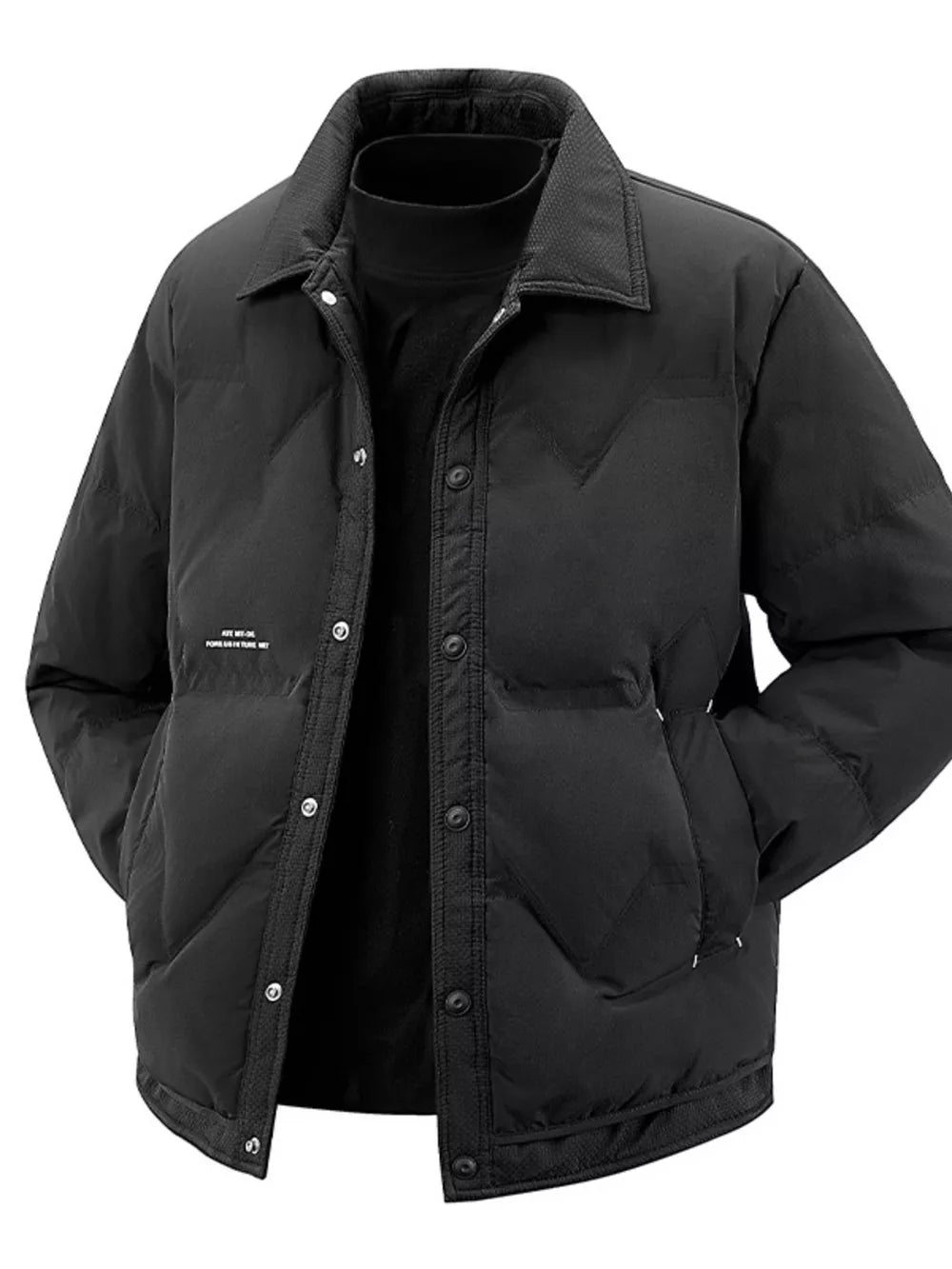 Black padded puffer jacket with button-down front and collar, styled over a turtleneck.