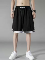 Men's black athletic shorts with white trim and drawstring waist.