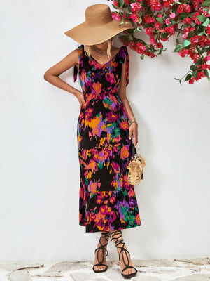 Tie-strap abstract print tiered maxi dress with a V-neck.