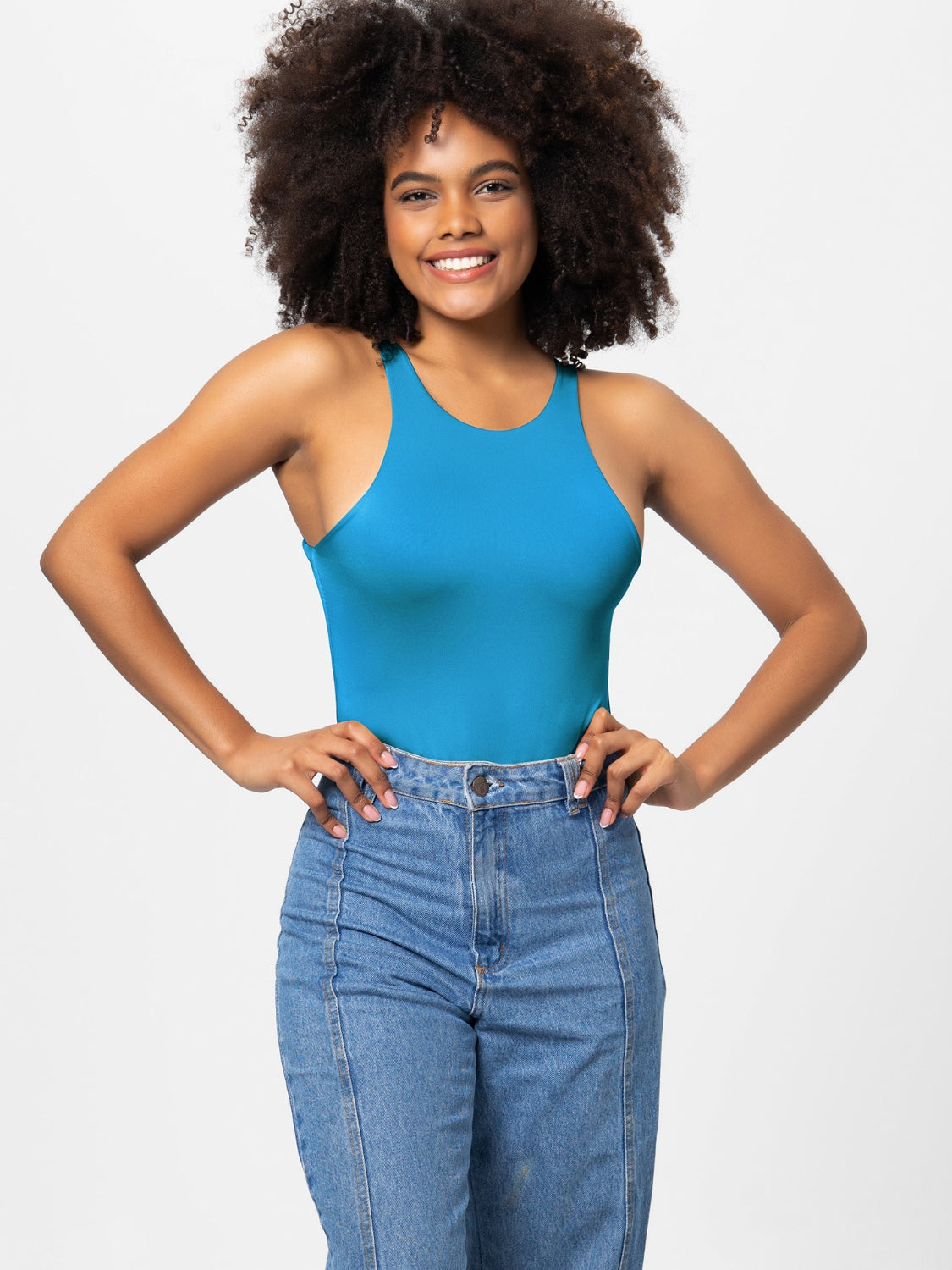 Cerulean tank bodysuit with high cut neckline and racerback detail