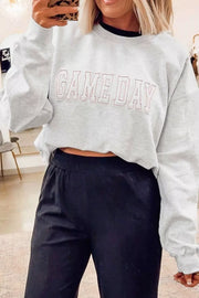 Game Day Letter Embroidery Sweatshirt in Light Gray, fabric detail