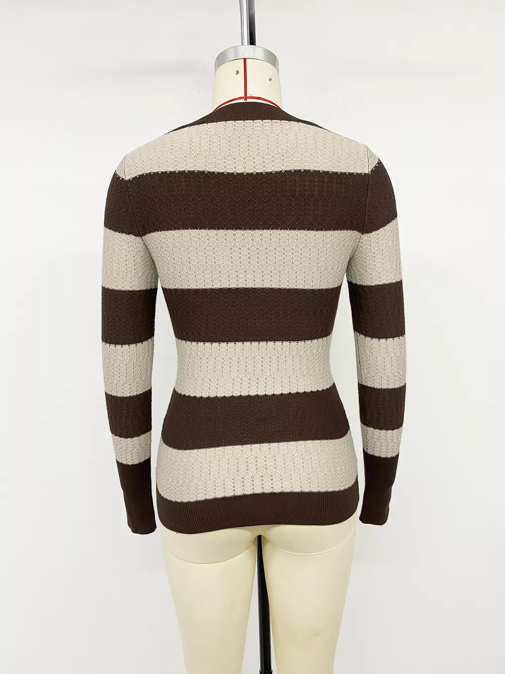 Striped V-neck Knit Top in Coffee Brown, alternate angle