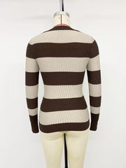 Striped V-neck Knit Top in Coffee Brown, alternate angle