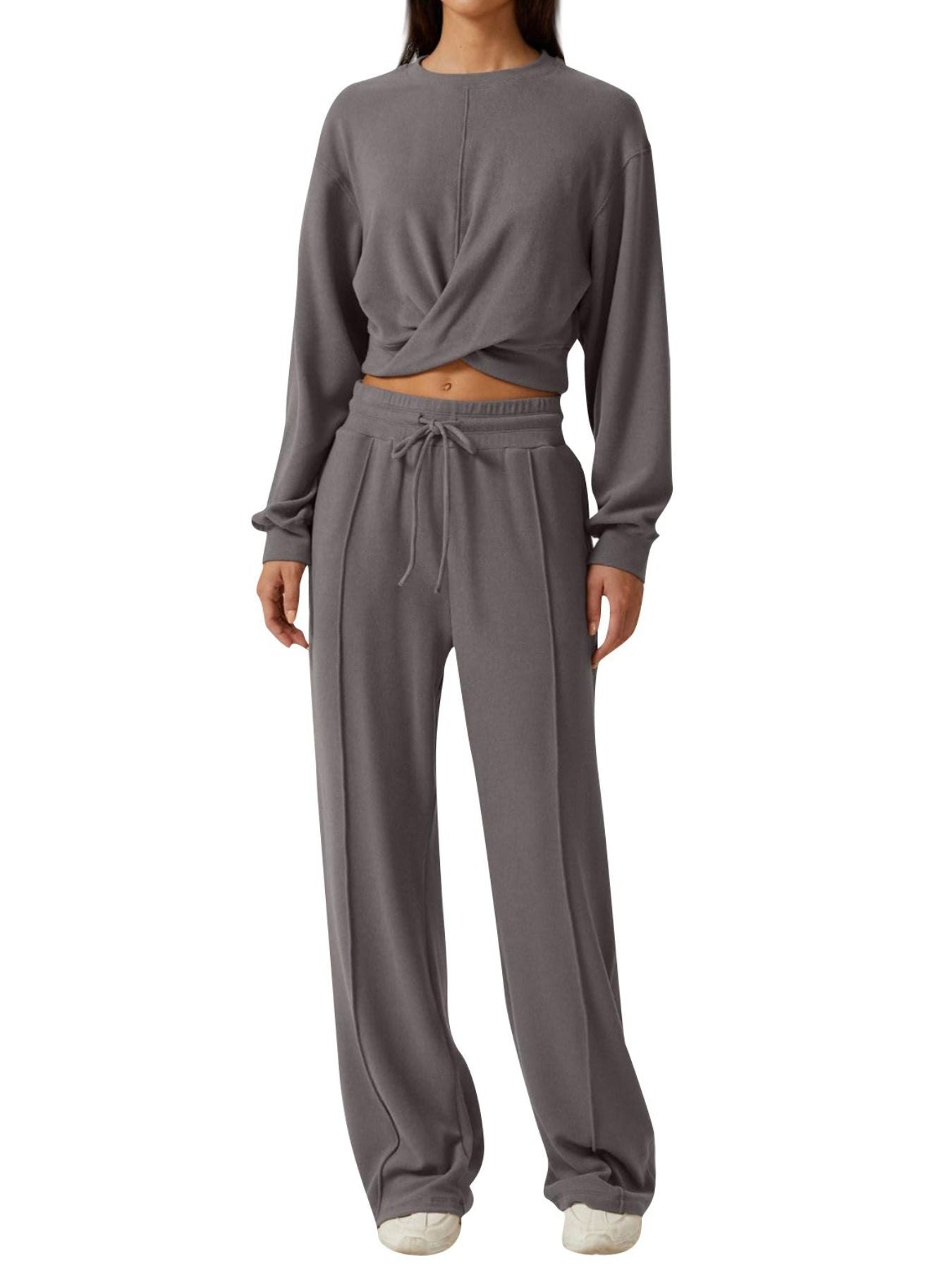 Gray cropped twist-front top and relaxed fit pants set with drawstring waist