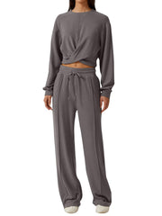 Gray cropped twist-front top and relaxed fit pants set with drawstring waist