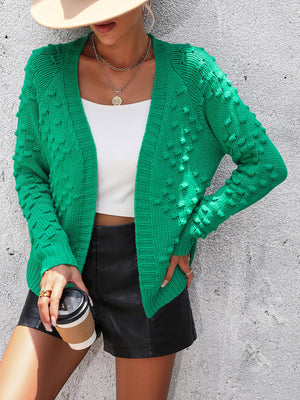 Green acrylic bobble knit cardigan with open front and long sleeves.