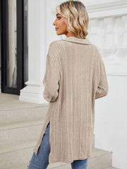 Dust Storm ribbed knit collared tunic with slit hem and long sleeves, styled with jeans.