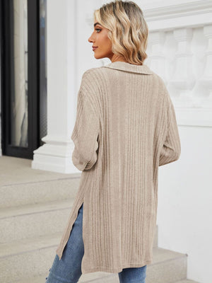 Dust Storm ribbed knit collared tunic with slit hem and long sleeves, styled with jeans.