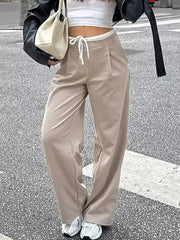 Wide-leg Pants With Drawstring Waist in Khaki, front view