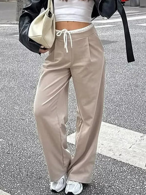Wide-leg Pants With Drawstring Waist in Khaki, front view