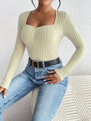 Ribbed sweetheart neckline bodysuit in khaki with ruched detail and long sleeves.