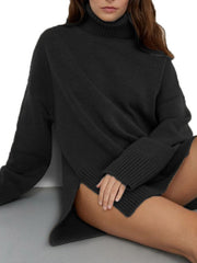 Black ribbed turtleneck sweater with flared sleeves and side slits