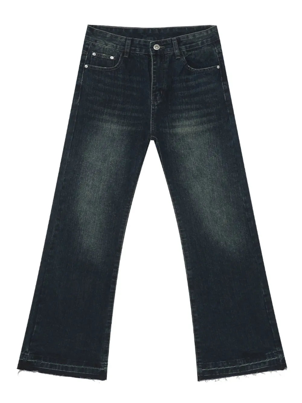 Dark wash flared jeans with vintage fading and frayed hem