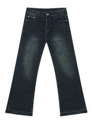 Dark wash flared jeans with vintage fading and frayed hem