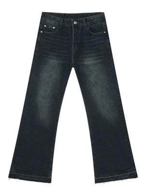 Dark wash flared jeans with vintage fading and frayed hem
