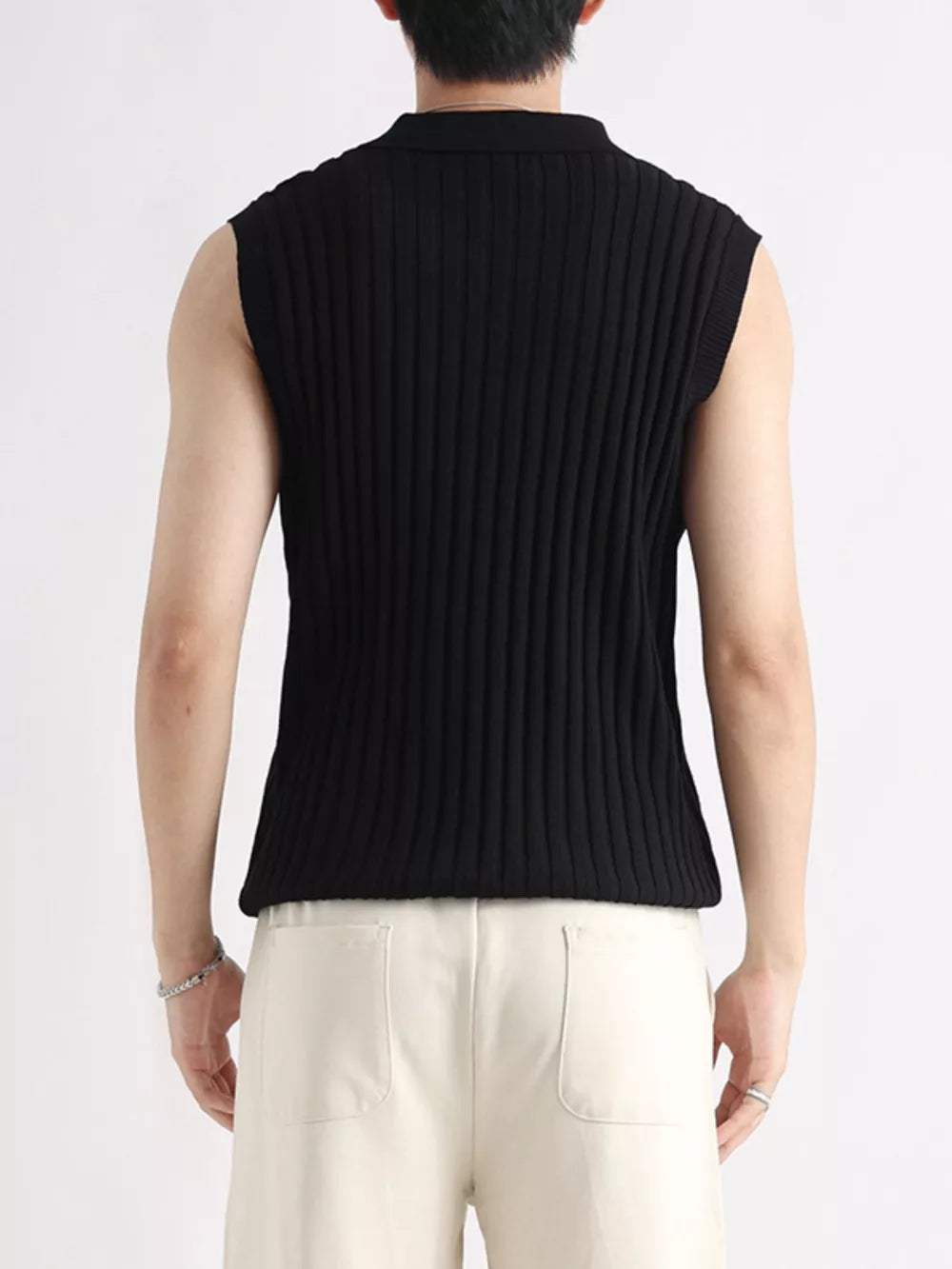 Black ribbed knit zip-up tank top with collar, sleeveless, men's undershirt.